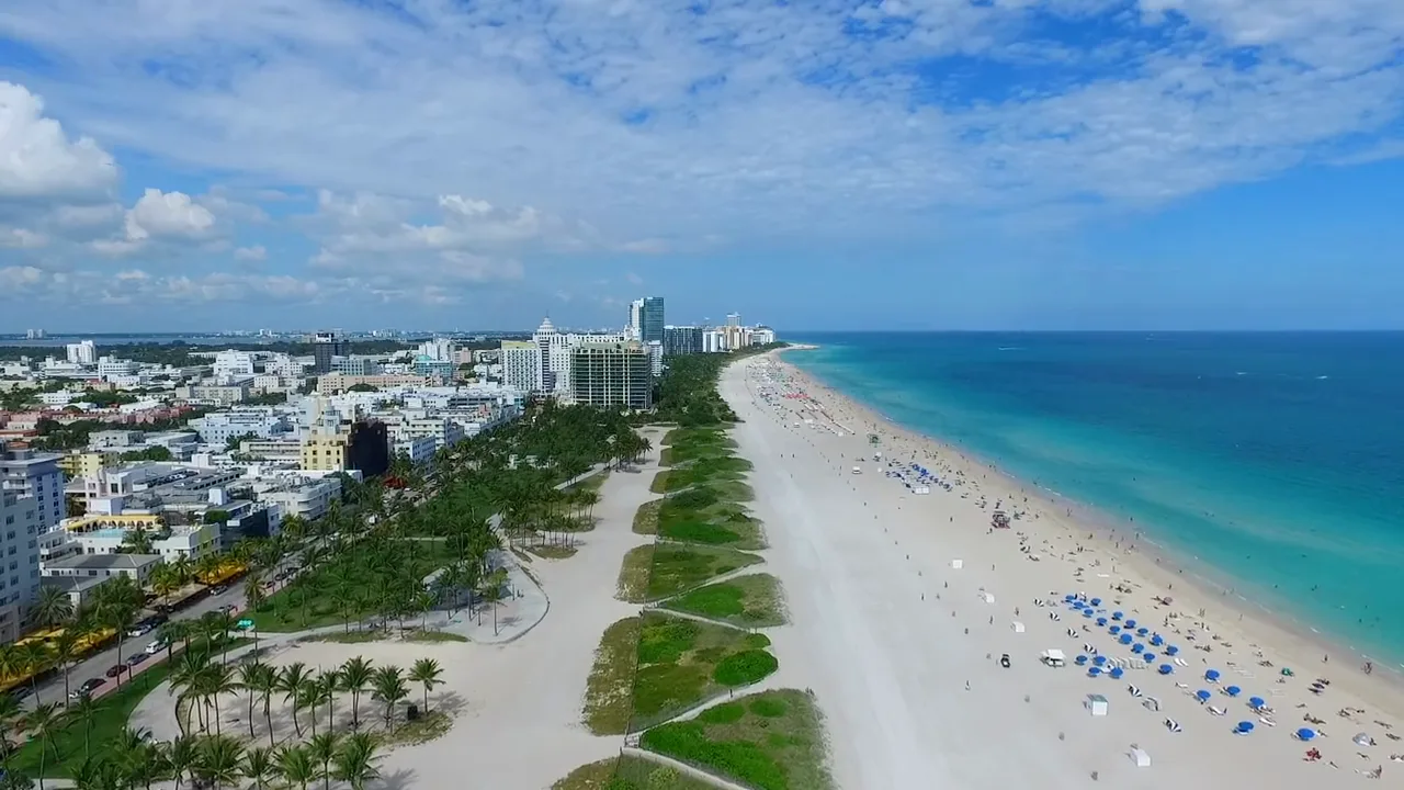 Aerial view of Miami Beach and its white-sand shoreline